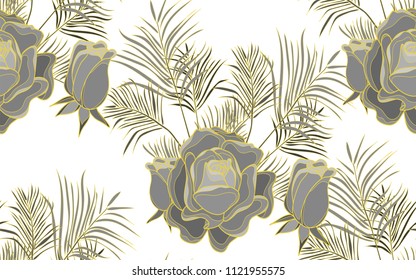 Gold line kentia and roses. Palm leaves and exotic flowers composition. Vector illustration. Botanical seamless background. Digital nature art.