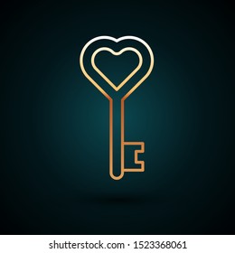 Gold line Key in heart shape icon isolated on dark blue background.  Vector Illustration