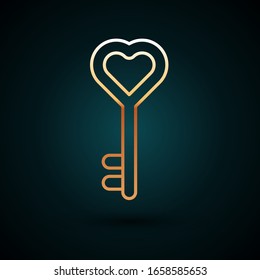 Gold line Key in heart shape icon isolated on dark blue background. Valentines day.  Vector Illustration
