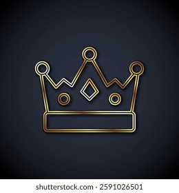 Gold line King crown icon isolated on black background.  Vector