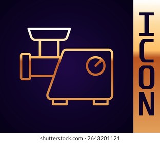 Gold line Kitchen meat grinder icon isolated on black background.  Vector