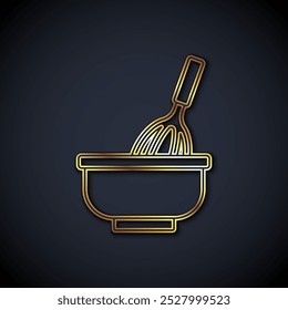 Linha de ouro batedor de cozinha com ícone de tigela isolado no fundo preto. Utensílios de cozinha, batedor de ovos. Sinal de talheres. Símbolo de mistura de alimentos.  Vetor