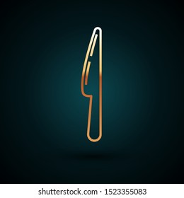 Gold line Knife icon isolated on dark blue background. Cutlery symbol.  Vector Illustration
