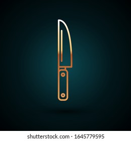 Gold line Knife icon isolated on dark blue background. Cutlery symbol.  Vector Illustration