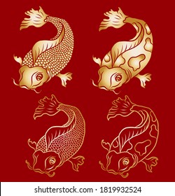 Gold line Koi fish vector for printing on shirt on isolated white background.