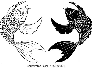 Vector de pescado Koi de línea dorada para imprimir en camisa sobre fondo blanco aislado.