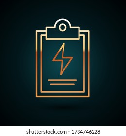Gold line Laboratory clipboard with checklist icon isolated on dark blue background. Control list symbol.  Vector Illustration