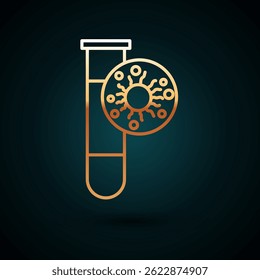 Gold line Laboratory glass test tube with virus and bacteria icon isolated on dark blue background. Analysis microorganism, research, diagnosis.  Vector Illustration