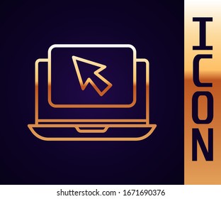 Portátil de línea dorada e icono del cursor aislado en fondo negro. Ordenador portátil con el signo de pantalla vacía.  Ilustración vectorial