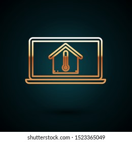 Gold line Laptop with house temperature icon isolated on dark blue background. Thermometer icon.  Vector Illustration