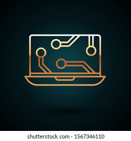 Gold line Laptop icon isolated on dark blue background. Technology and devices concept..  Vector Illustration
