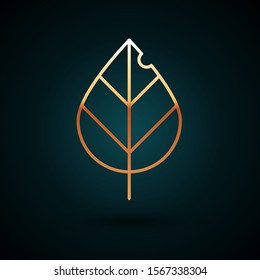 Gold line Leaf icon isolated on dark blue background. Fresh natural product symbol.  Vector Illustration