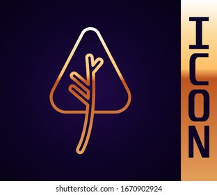 Gold line Leaf icon isolated on black background. Leaves sign. Fresh natural product symbol.  Vector Illustration