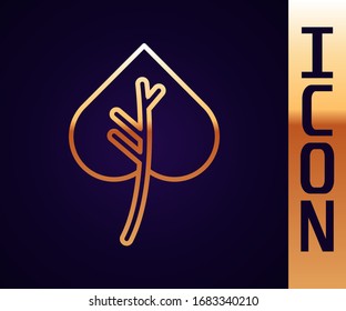Gold line Leaf icon isolated on black background. Leaves sign. Fresh natural product symbol.  Vector Illustration