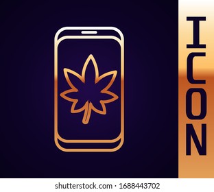 Gold Line Leaf auf Handy-Bildschirm Symbol einzeln auf schwarzem Hintergrund. Vektorillustration-Illustration