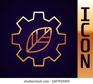 Gold line Leaf plant ecology in gear machine icon isolated on black background. Eco friendly technology. World Environment day label.  Vector Illustration
