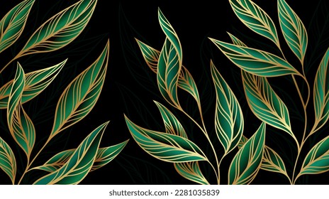 Gold line leaves. Luxurious plant branches on dark background. Modern art deco wallpaper. Blossom and botanical. Fashion textile pattern for banners and covers. Cartoon flat vector illustration