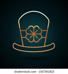 Gold line Leprechaun hat and four leaf clover icon isolated on dark blue background. Happy Saint Patricks day.  Vector Illustration