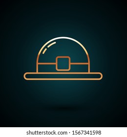 Gold line Leprechaun hat icon isolated on dark blue background. Happy Saint Patricks day.  Vector Illustration