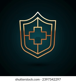 Gold line Life insurance with shield icon isolated on dark blue background. Security, safety, protection, protect concept.  Vector