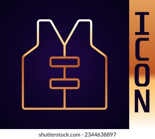 Gold line Life jacket icon isolated on black background. Life vest icon. Extreme sport. Sport equipment.  Vector