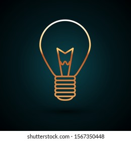 Gold line Light bulb with concept of idea icon isolated on dark blue background. Energy and idea symbol. Inspiration concept.  Vector Illustration