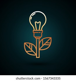 Gold line Light bulb with leaf icon isolated on dark blue background. Eco energy concept. Alternative energy concept.  Vector Illustration