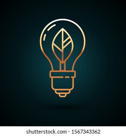 Gold line Light bulb with leaf icon isolated on dark blue background. Eco energy concept. Alternative energy concept.  Vector Illustration