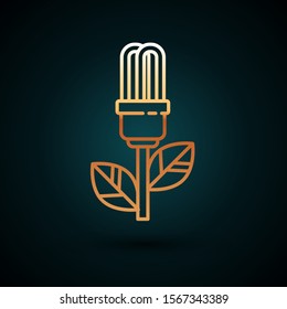 Gold line Light bulb with leaf icon isolated on dark blue background. Eco energy concept. Alternative energy concept.  Vector Illustration