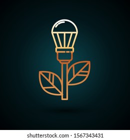 Gold line Light bulb with leaf icon isolated on dark blue background. Eco energy concept. Alternative energy concept.  Vector Illustration
