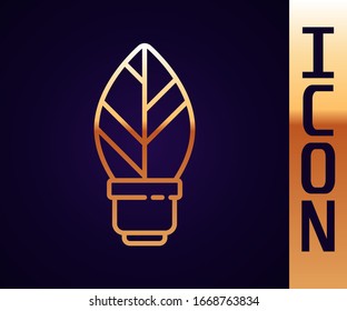 Gold line Light bulb with leaf icon isolated on black background. Eco energy concept. Alternative energy concept.  Vector Illustration