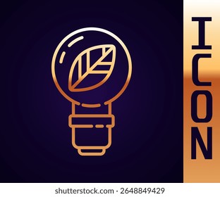 Linha dourada Lâmpada com ícone de folha isolado no fundo preto. Conceito de energia ecológica. Conceito de energia alternativa.  Ilustração de vetor