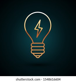 Gold line Light bulb with lightning symbol icon isolated on dark blue background. Light lamp sign. Idea symbol.  Vector Illustration