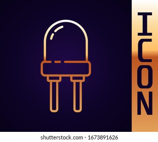 Línea dorada Icono de diodo emisor de luz aislado en fondo negro. Componente eléctrico diodo semiconductor.  Ilustración vectorial
