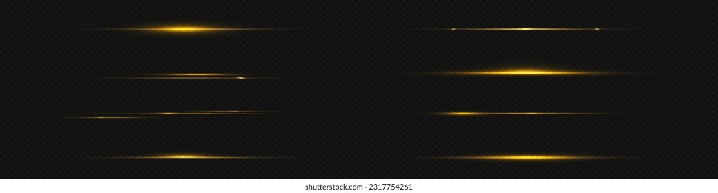 Gold line light glow with sparkle and flare shine. Horizontal golden neon streak effect isolated on transparent background. Magic flash laser strip divider with glitter shimmer design illustration