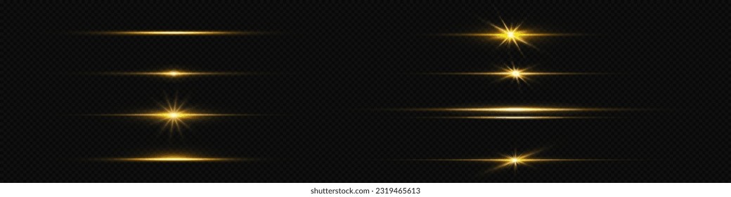 Gold line light glow with sparkle and flare shine. Horizontal golden neon streak effect isolated on transparent background. Magic flash laser strip divider with glitter shimmer design illustration