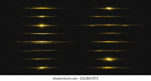 La luz de la línea dorada brilla con brillo y brillo. Efecto de raya de neón dorado horizontal aislado sobre fondo transparente. Divisor de bandas láser de flash mágico con ilustración de diseño de destellos de brillo