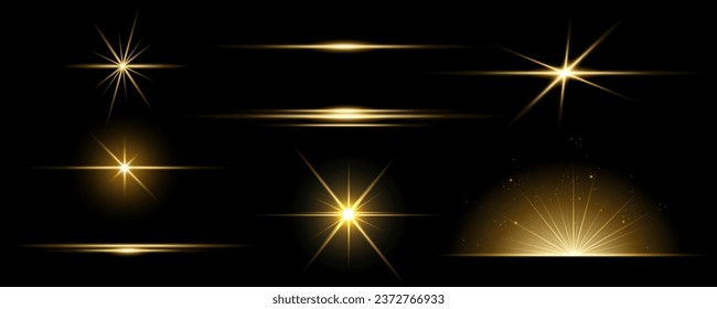 La luz de la línea dorada brilla con brillo y brillo. Efecto de raya de neón dorado horizontal aislado sobre fondo transparente.