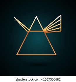 Gold line Light rays in prism icon isolated on dark blue background. Ray rainbow spectrum dispersion optical effect in glass prism.  Vector Illustration