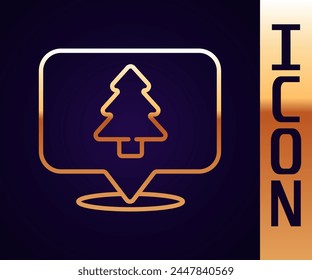 Gold line Location of the forest on a map icon isolated on black background.  Vector