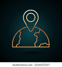 Ubicación de la línea dorada en el icono del globo aislado en el fondo azul oscuro. Signo mundial o terrestre.  Vector