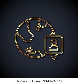 Gold line Location on the globe icon isolated on black background. World or Earth sign.  Vector