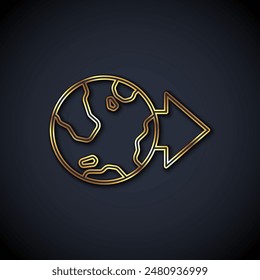 Gold line Location on the globe icon isolated on black background. World or Earth sign.  Vector