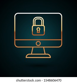 Gold line Lock on computer monitor screen icon isolated on dark blue background. Security, safety, protection concept. Safe internetwork.  Vector Illustration