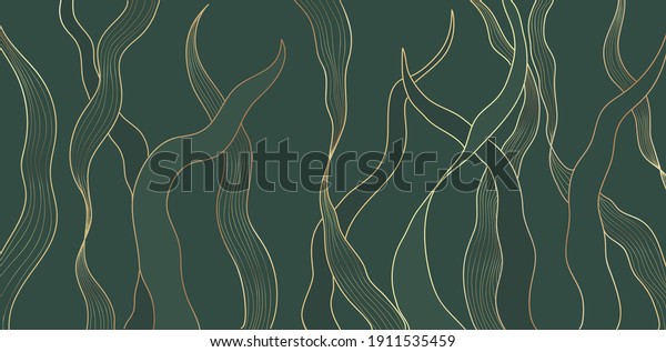 Gold line luxury nature floral leaves\
background vector. Abstract golden split-leaf seaweed plant lined\
arts, Vector pattern\
illustration.