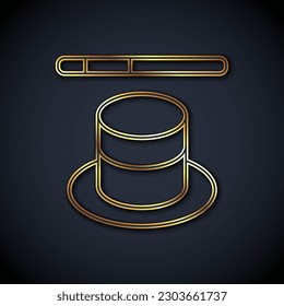 Gold line Magic hat and wand icon isolated on black background. Magic trick. Mystery entertainment concept.  Vector