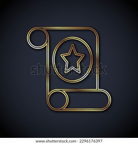 Gold line Magic scroll icon isolated on black background. Decree, paper, parchment, scroll icon.  Vector