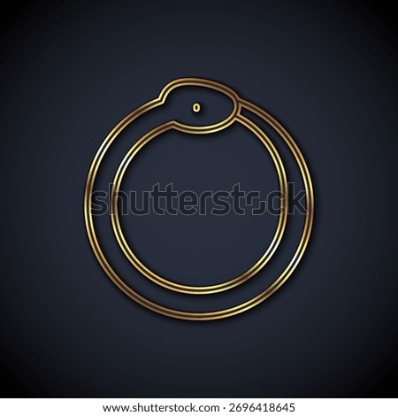 Gold line Magic symbol of Ouroboros icon isolated on black background. Snake biting its own tail. Animal and infinity, mythology and serpent.  Vector