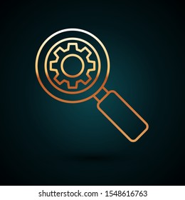 Gold line Magnifying glass and gear icon isolated on dark blue background. Search gear tool. Business analysis symbol.  Vector Illustration