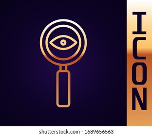 Gold line Magnifying glass icon isolated on black background. Search, focus, zoom, business symbol.  Vector Illustration